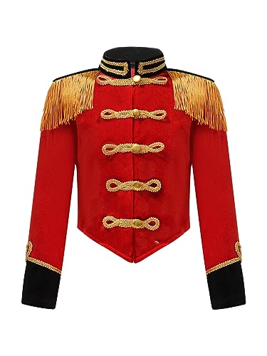 TiaoBug Mädchen Zirkusdirektor Jacke mit Fransen Schulterklappe Epauletten Uniform Blazer Stehkragen Mantel Militärische Jacket Outwear Rot 158-164 von TiaoBug