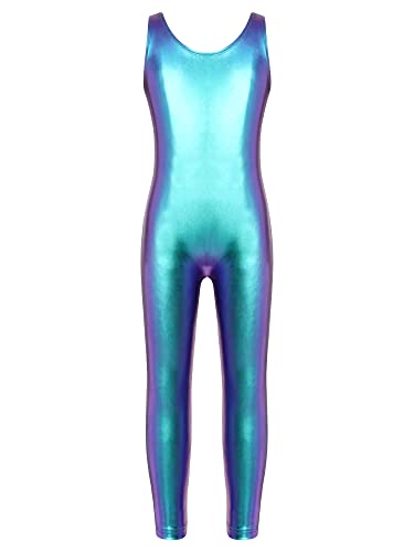 TiaoBug Metallic Turnanzug für Mädchen Ärmellos Ballett Anzug Kinder Tanzkostüm Tanztrikot Leotard mit langes Bein Overalls gr.110-164 Licht Blau A 146-152 von TiaoBug