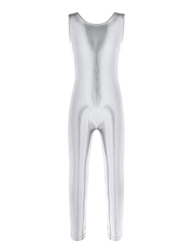 TiaoBug Metallic Turnanzug für Mädchen Ärmellos Ballett Anzug Kinder Tanzkostüm Tanztrikot Leotard mit langes Bein Overalls gr.98-164 Silber A 158-164 von TiaoBug