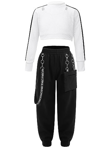 TiaoBug Teenager Mädchen Hip Hop Kleidung Set Hooded Sweatshirt + Crop Top + Lässige Hose Freizeithosen Streetwear Elfenbein V 122-128 von TiaoBug