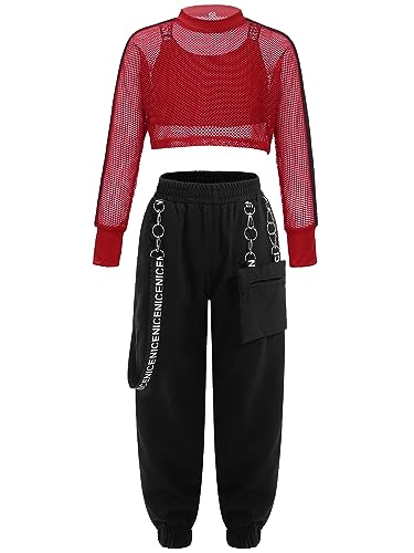 TiaoBug Teenager Mädchen Hip Hop Kleidung Set Hooded Sweatshirt + Crop Top + Lässige Hose Freizeithosen Streetwear Rot Vv 146-152 von TiaoBug