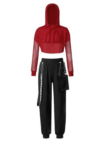 TiaoBug Teenager Mädchen Hip Hop Kleidung Set Hooded Sweatshirt + Crop Top + Lässige Hose Freizeithosen Streetwear Rot X 134-140 von TiaoBug