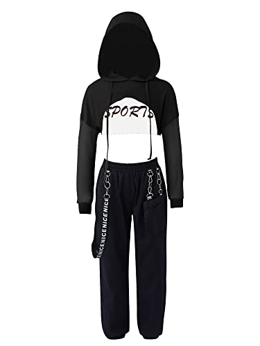 TiaoBug Teenager Mädchen Hip Hop Kleidung Set Hooded Sweatshirt + Crop Top + Lässige Hose Freizeithosen Streetwear Schwarz U 170-176 von TiaoBug