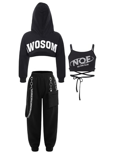 TiaoBug Teenager Mädchen Hip Hop Kleidung Set Hooded Sweatshirt + Crop Top + Lässige Hose Freizeithosen Streetwear Schwarz ZA 170 von TiaoBug