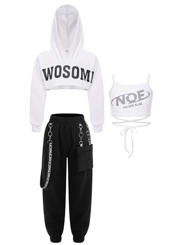 TiaoBug Teenager Mädchen Hip Hop Kleidung Set Hooded Sweatshirt + Crop Top + Lässige Hose Freizeithosen Streetwear Weiß Schwarz ZA 134-140 von TiaoBug