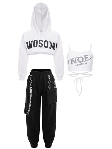 TiaoBug Teenager Mädchen Hip Hop Kleidung Set Hooded Sweatshirt + Crop Top + Lässige Hose Freizeithosen Streetwear Weiß Schwarz ZA 146-152 von TiaoBug