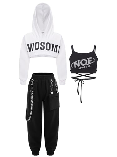 TiaoBug Teenager Mädchen Hip Hop Kleidung Set Hooded Sweatshirt + Crop Top + Lässige Hose Freizeithosen Streetwear Weiß Schwarz ZB 146-152 von TiaoBug