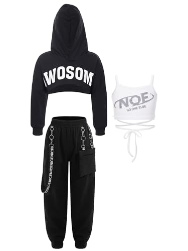 TiaoBug Teenager Mädchen Hip Hop Kleidung Set Hooded Sweatshirt + Crop Top + Lässige Hose Freizeithosen Streetwear Weiß Schwarz ZC 134-140 von TiaoBug