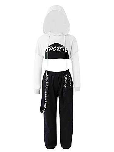 TiaoBug Teenager Mädchen Hip Hop Kleidung Set Hooded Sweatshirt + Crop Top + Lässige Hose Freizeithosen Streetwear Weiß U 122-128 von TiaoBug