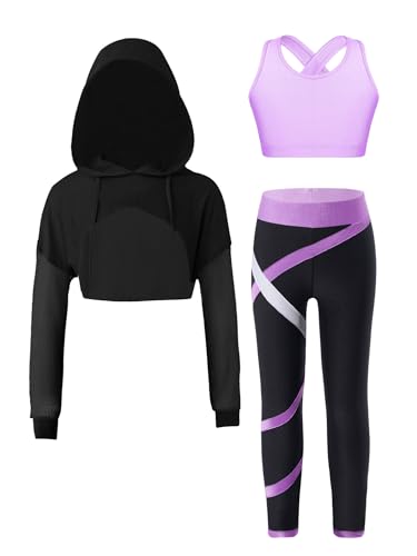 TiaoBug Teenager Mädchen Sport Kleidung Set Kapuzenpullover mit Schmetterling + Crop Top + Sweathose Kordelzug Sporthose Hip Hop Street Dance Outfit Violett A 122-128 von TiaoBug