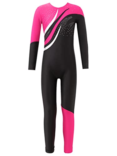 TiaoBug Turnanzug Mädchen Langarm Glitzer Body mit Strasssteine Farbblock Ganzkörperanzug Eiskunstlauf Gymnastik Trikot Turnen Leotards Pink C 170-176 von TiaoBug