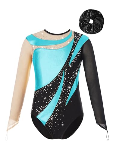 TiaoBug Turnanzug Mädchen Langarm Gymnastikanzug Bunt Streifen Tanz Body Overalls Trikot Leotards Wettkampf Kostüm 110 116 122 128 134 140 146 152 158 164 170 Türkis Schwarz L 158-164 von TiaoBug