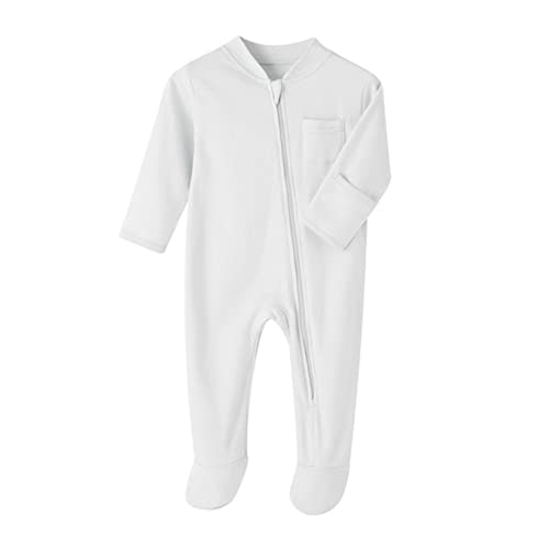 TiaoBug Unisex Baby Langarm Body Strampler mit Füßen Basic Einfarbig Einteiler Overalls Jumpsuit für Neugeborenes Mädchen Jungen Weiß G 50-56 von TiaoBug