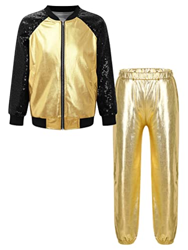 TiaoBug Unisex Kinder 80er Jahre Trainingsanzug Retro Kostüm Metallic Jogger Jogginganzug Jacke und Hose Disco Jazz Tanz Outfits Set Gold A 110-116 von TiaoBug