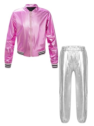 TiaoBug Unisex Kinder 80er Jahre Trainingsanzug Retro Kostüm Metallic Jogger Jogginganzug Jacke und Hose Disco Jazz Tanz Outfits Set Rosa Silber 170 von TiaoBug