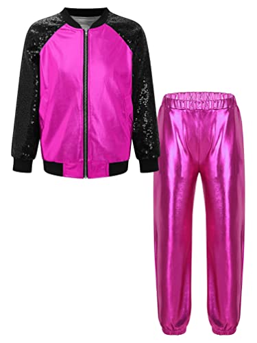 TiaoBug Unisex Kinder 80er Jahre Trainingsanzug Retro Kostüm Metallic Jogger Jogginganzug Jacke und Hose Disco Jazz Tanz Outfits Set Rose A 110-116 von TiaoBug