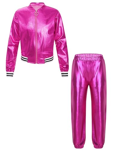 TiaoBug Unisex Kinder 80er Jahre Trainingsanzug Retro Kostüm Metallic Jogger Jogginganzug Jacke und Hose Disco Jazz Tanz Outfits Set Rose D 122-128 von TiaoBug