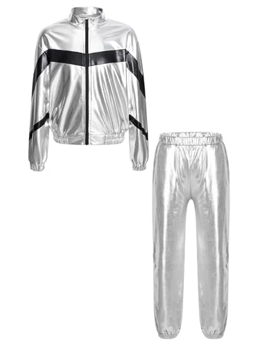 TiaoBug Unisex Kinder 80er Jahre Trainingsanzug Retro Kostüm Metallic Jogger Jogginganzug Jacke und Hose Disco Jazz Tanz Outfits Set Silber E 134-140 von TiaoBug