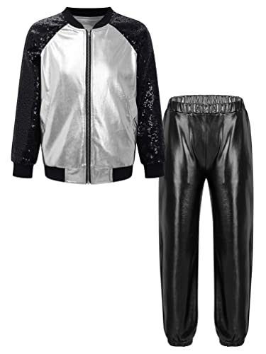 TiaoBug Unisex Kinder 80er Jahre Trainingsanzug Retro Kostüm Metallic Jogger Jogginganzug Jacke und Hose Disco Jazz Tanz Outfits Set Silber&Schwarz A 134-140 von TiaoBug