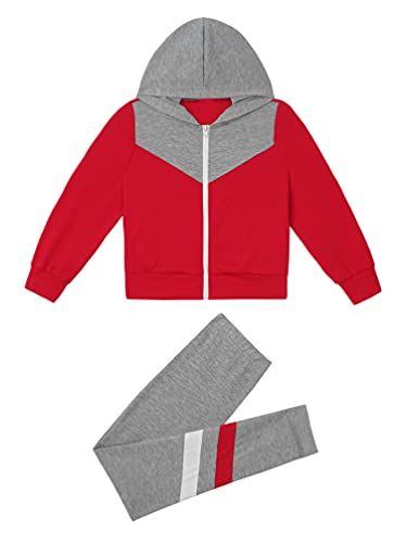 TiaoBug Unisex Kinder Jogginganzug Sportanzug Sweatjacke Reisverschluss Jacke mit/ohne Kapuze und Jogginghose Sweatpants 2 Pcs Sportbekleidung Set Rot E 146-152 von TiaoBug