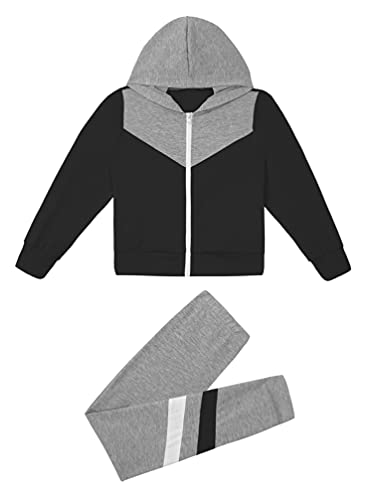 TiaoBug Unisex Kinder Jogginganzug Sportanzug Sweatjacke Reisverschluss Jacke mit/ohne Kapuze und Jogginghose Sweatpants 2 Pcs Sportbekleidung Set Schwarz E 134-140 von TiaoBug