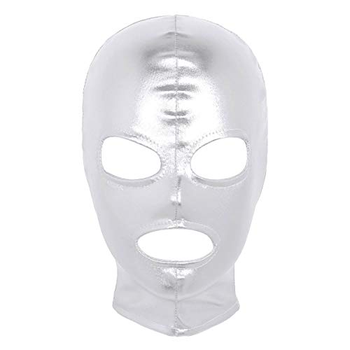 TiaoBug Unisex Leder Maske Kopfmaske glänzend Gesichtsmaske mit Augen Mund Öffnungen Silber Einheitsgröße TiaoBug Unisex Leder Maske Kopfmaske glänzend Gesichtsmaske mit Augen Mund Öffnungen Silber Einheitsgröße von TiaoBug