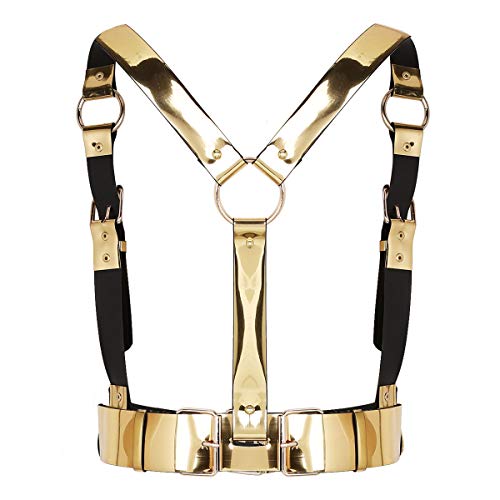 TiaoBug Unisex Sexy Body Brust Harness Leder Geschirr Kunstleder Einstellbar Schnallen Gürtel Clubwear Punk Rollenspiel Kostüm Zubehör in Gold Silber Gold A Einheitsgröße von TiaoBug