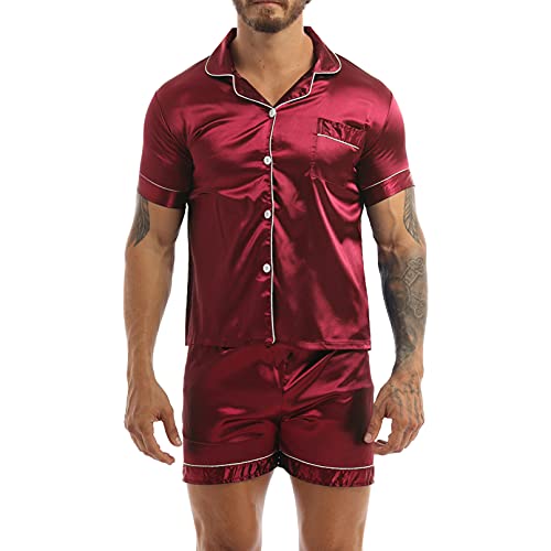 TiaoBug Unisex Zweiteiliger Schlafanzug Kurz Satin Pyjama Set mit Knopfleiste Kurzarm Hemd Top + Sommer Shorts Nachtwäsche Weinrot L von TiaoBug