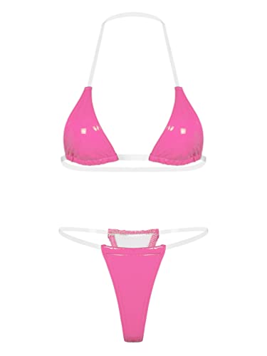 TiaoBug Wetlook Dessous Bandeau Bikini Set Glänzend Microkini BH Bra und Bikini Briefs T-Back Thong Slip Unterteil Reizvolle Unterwäsche Hot Pink A XL von TiaoBug