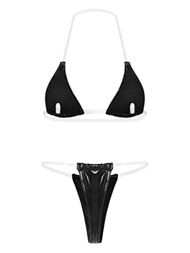 TiaoBug Wetlook Dessous Bandeau Bikini Set Glänzend Microkini BH Bra und Bikini Briefs T-Back Thong Slip Unterteil Reizvolle Unterwäsche Schwarz A XL von TiaoBug