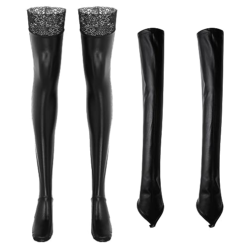 TiaoBug Wetlook Kunstleder Fingerlose Handschuhe Oberschenkelhohe Strümpfe Set Steampunk Armstulpe Sexy Kniestrümpfe Party Nachtclub Clubwear Schwarz One Size von TiaoBug