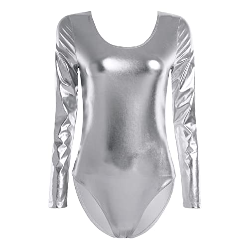 TiaoBug Damen Glänzend Ballettanzug Langarm Ballett Trikot Tanz Body Metallic Turnanzug Gymnastikanzug Dancewear Silber L von TiaoBug