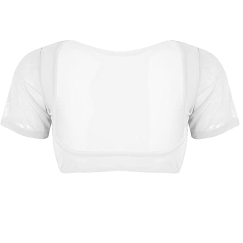 TiaoBug Damen Mesh Crop Top Kurzarm Unterhemd Bauchfreies Oberteil Basic Transparent Unterwäsche Shirts Ouvert Dessous Reizvoll Weiß Einheitsgröße von TiaoBug