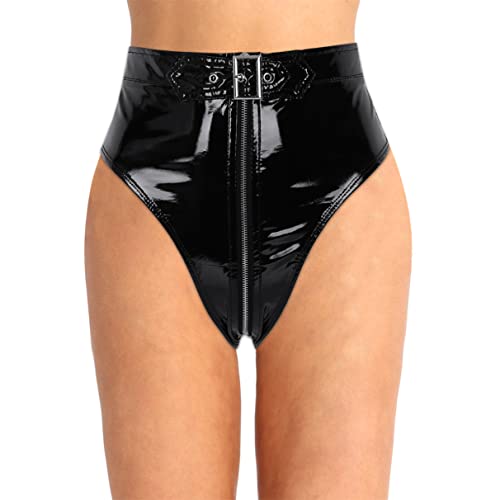 TiaoBug Damen Wetlook Ouvert-Slip String Tanga High Cut Thong High Waist Bikinislip Lack Leder Hipster Glänzend Shorts mit Reisverschluss Gogo Outfits Clubwear Schwarz XL von TiaoBug