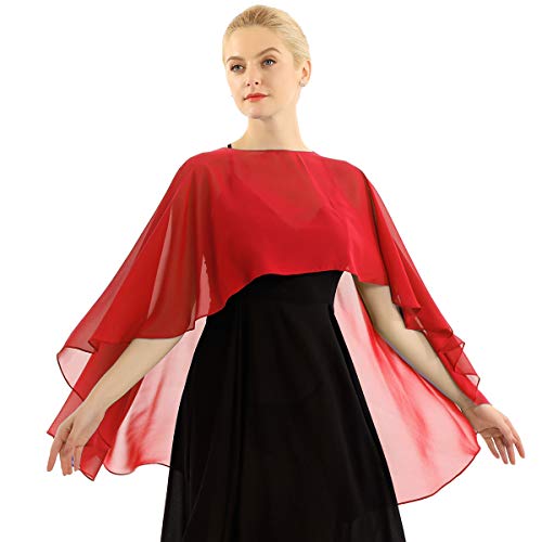 TiaoBug Damen Chiffon Stola Schal Poncho Vorne Kurz Hintern Lang Umhang Cape asymmetrisches Oberteil über festliche Kleider Brautkleid Accessoire Rot Einheitsgröße von TiaoBug