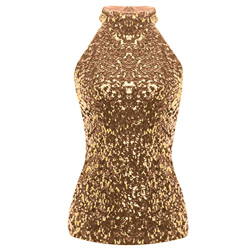 TiaoBug Damen Top Tank Glitzer Träger Shirt Pailletten verziert Ärmellos Weste Tank Tops Vielfältig kombinierbar Einheitgröße (9 Farben abwählbar) (Modell 2 One Size, Gold Stehkragen) von TiaoBug