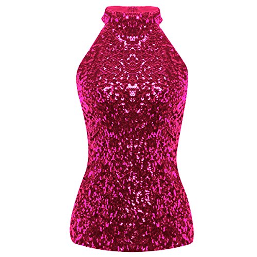TiaoBug Damen Top Tank Glitzer Träger Shirt Pailletten verziert Ärmellos Weste Tank Tops Vielfältig kombinierbar Einheitgröße (9 Farben abwählbar) (Modell 2 One Size, Pink Stehkragen) von TiaoBug