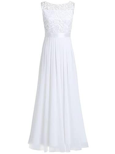 TiaoBug Elegant Chiffon Damen Kleider Lange Brautjungfer Blumenspitze Cocktailkleid Party Festlich Hochzeit Abendkleid Gr. 34-46 Weiß 32 von TiaoBug