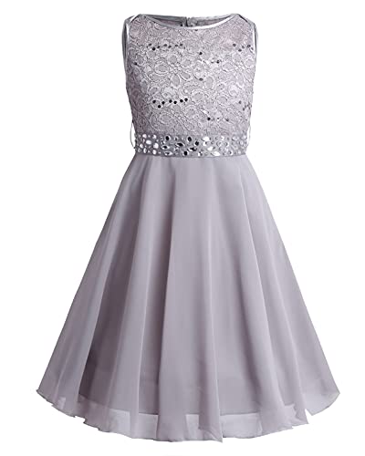 TiaoBug Festlich Mädchen Kleid für Kinder Prinzessin Spitzen Kleider Hochzeit Blumenmädchenkleid 92 104 116 128 140 152 164 Grau 164 von TiaoBug