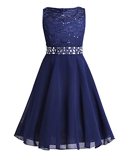 TiaoBug Festlich Mädchen Kleid für Kinder Prinzessin Spitzen Kleider Hochzeit Blumenmädchenkleid 92 104 116 128 140 152 164 Marineblau 116 von TiaoBug
