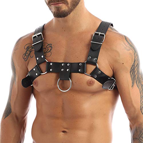 TiaoBug Herren Wetlook Leder Body PU PVC Brust Harness Punk Gothic Party Kostüme Zubehör sexy Sklave Cosplay Bandage Clubwear Schwarz Einheitsgröße von TiaoBug