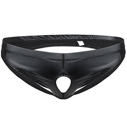 TiaoBug Herren Wetlook Unterwäsche Unterhose Low Rise Ouvert Slip String Offener Hintern Penisloch Kunstleder mini Hose Pants Offen Erotik sexy Jockstrap Schwarz M von TiaoBug