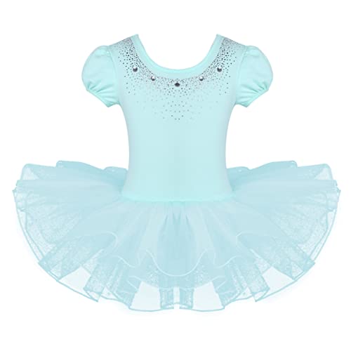 TiaoBug Kinder Ballettkleidung - 3 Modells - Mädchen Ballettkleid kurzarm Ballettanzug mit Ballett Tutu Tütü und Innenslip Shorts Kostüm Outfit Gr.92-128 Mint grün mit Strasssteine 110-116 von TiaoBug