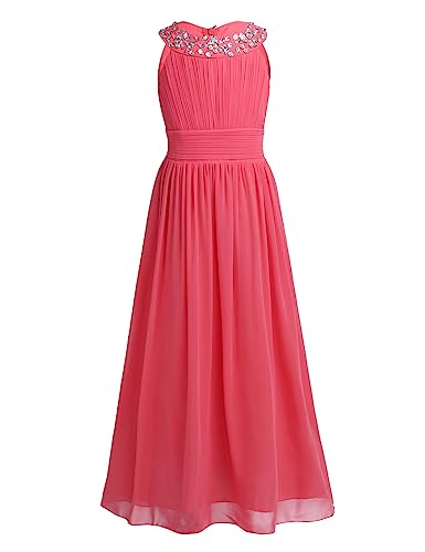 TiaoBug Kinder Mädchen Kleid festlich Lange Brautjungfern Kleider Hochzeit Blumensmädchenkleid Prinzessin Party Kleid Festzug Outfits Gr. 104-176 Rot Melone 152 von TiaoBug