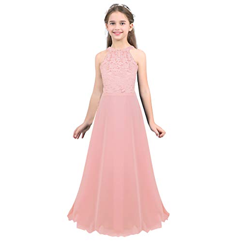 TiaoBug Mädchen Kleid Kinder festlich Spitzen langes Kleid Hochzeit Partykleid Blumenmädchenkleid 104 116 128 140 152 164 Pink B 116 von TiaoBug