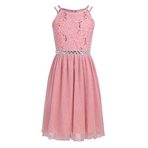 TiaoBug Mädchen Sommer Festkleid ärmellos Kommunions Hochzeit Kinder Festlich Party Kleid A-Linie Prinzessin Kleider mit Spitze Glitzer gr. 116-164 Koralle 140-146 von TiaoBug