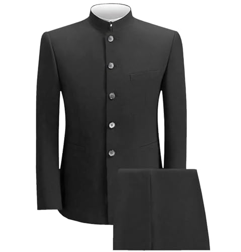 Herren Chinese Anzug Stehkragen 2-teilige Anzüge Mandarin Solid Slim Fit Formelle Traditionelle Uniform für Hochzeit （50, Schwarz） von Tiavllya