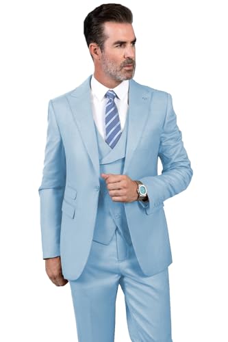 Tiavllya Herren 3-teilige Leinen Anzug Slim Fit Sommer Hochzeit Smoking Retro Bräutigam Prom Party Blazer Weste Hosen （52, Hellblau） von Tiavllya