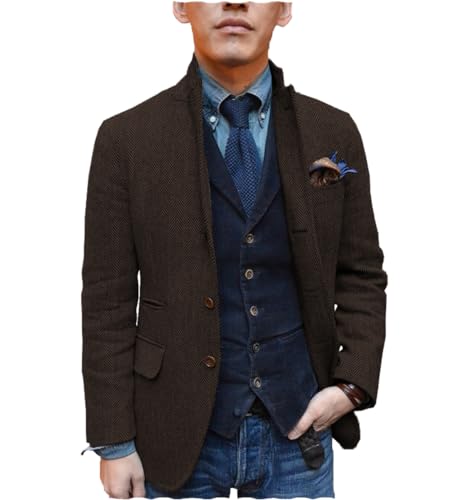 Tiavllya Herren Herringbone Tweed Anzug Blazer Jacke Vintage Stand Kragen Single Breasted Wolle Mantel （50, Kaffee） von Tiavllya