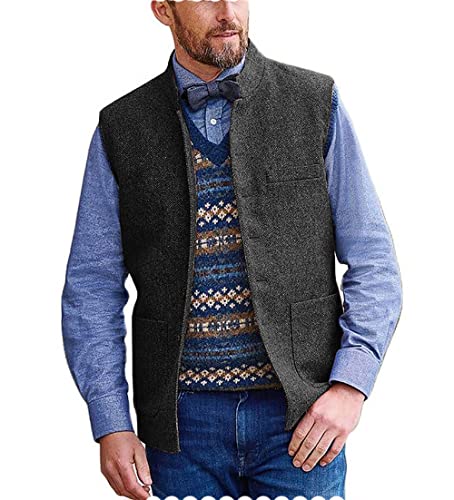 Tiavllya Herren Herringbone Tweed Anzug Westen High Kragen Dicke Wolle Single Breasted Business Westen Slim Fit（XXXL, Schwarz） von Tiavllya